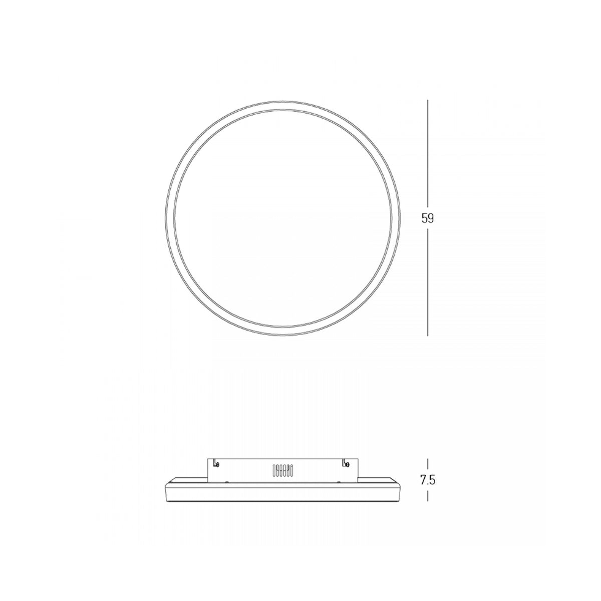 Schéma coté du luminaire rond : diamètre 59 cm et hauteur 7,5 cm