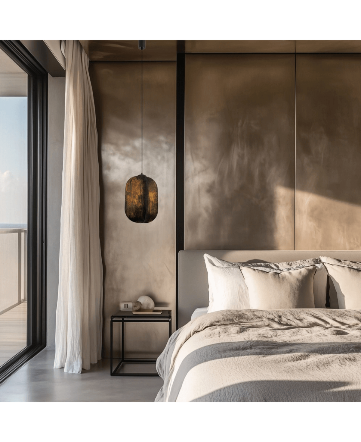 Plan large de la chambre avec la suspension, le lit et la baie vitrée