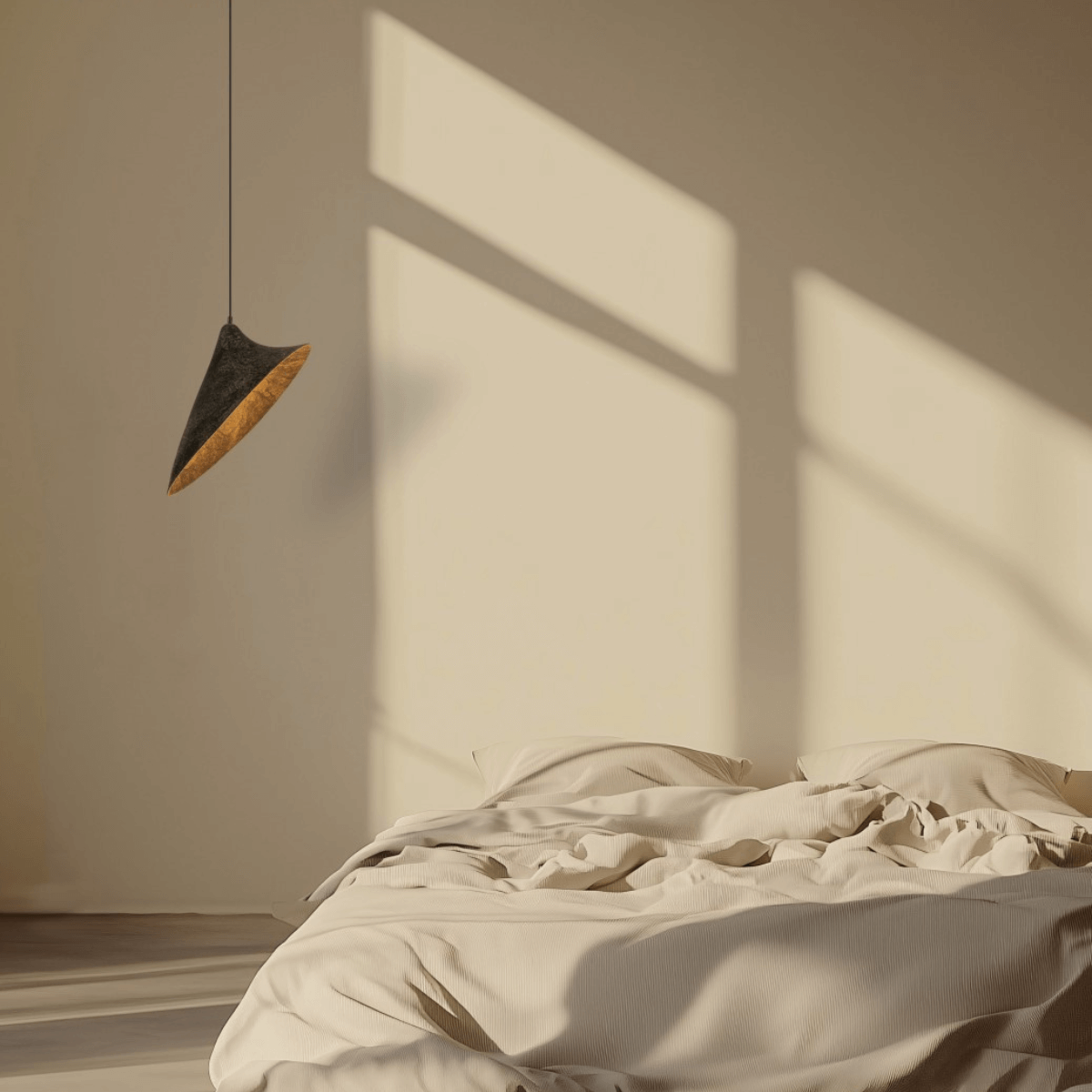Ambiance chambre, ombres de fenêtre sur mur beige et luminaire doré