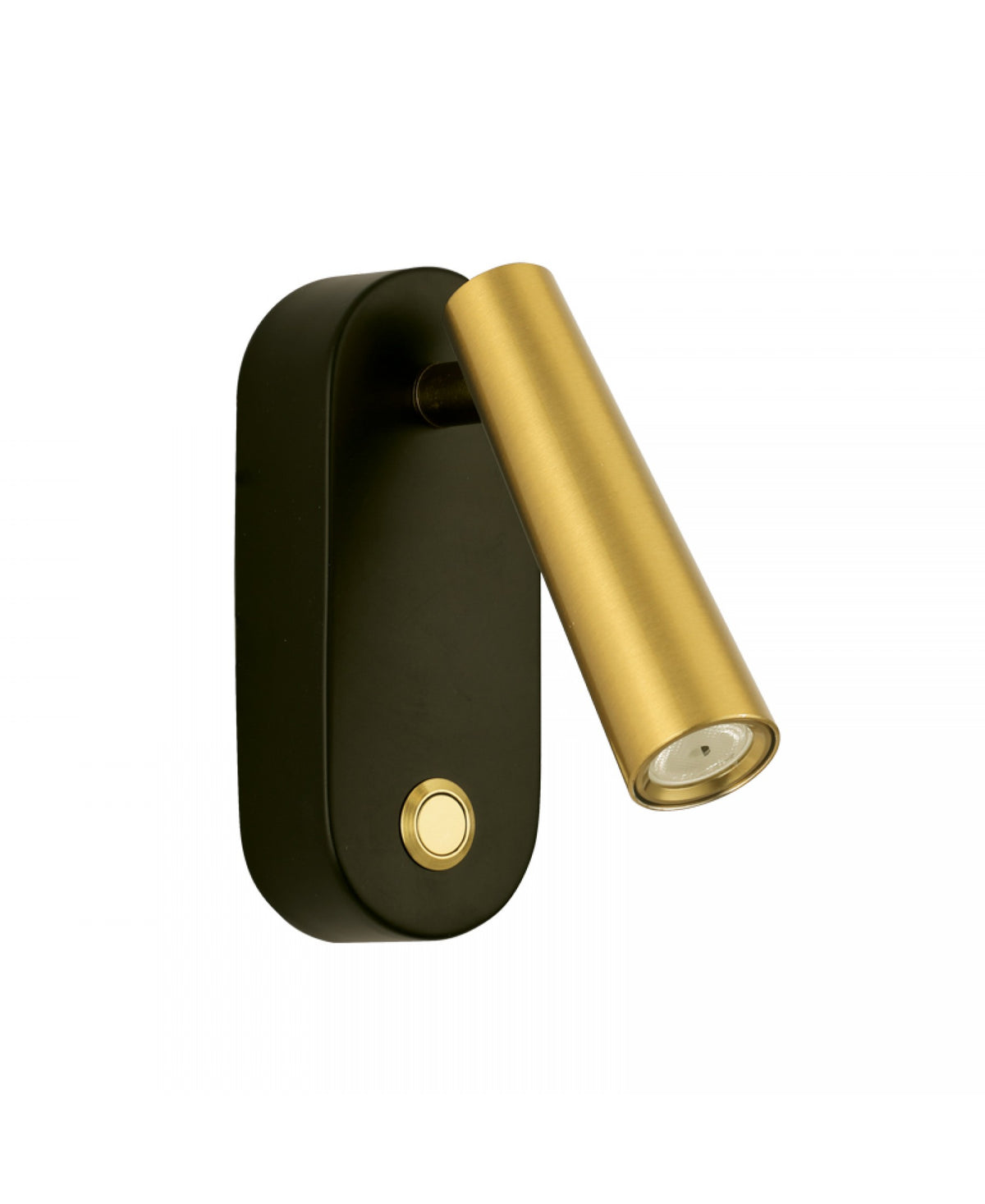 Détail rapproché du projecteur doré orientable et du bouton poussoir doré