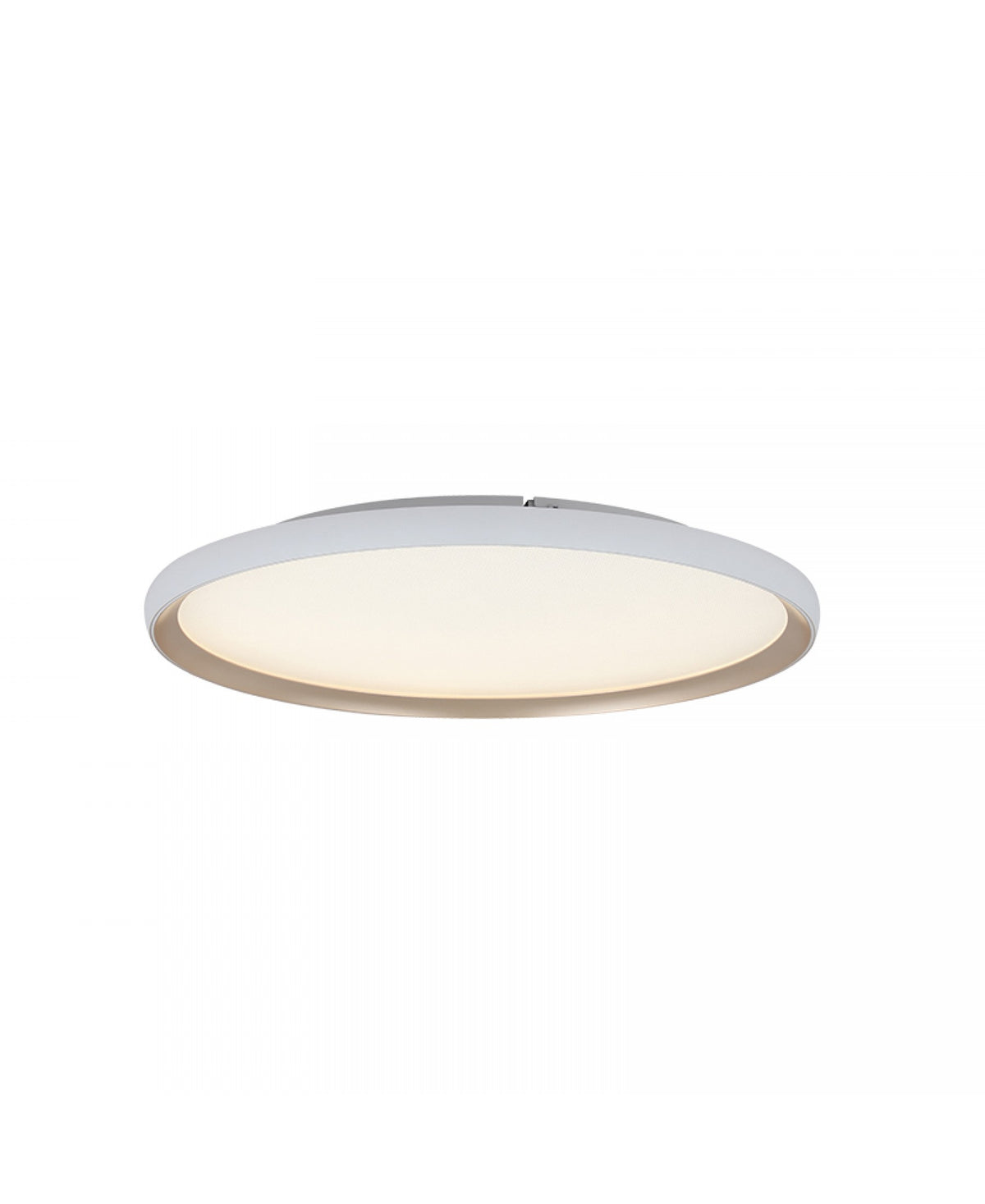 Autre vue inclinée du luminaire rond montrant le contour blanc mat et l'arête dorée.