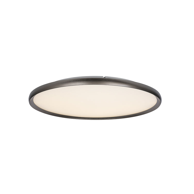 Vue de face du plafonnier rond avec fixation centrale et diffuseur opale.