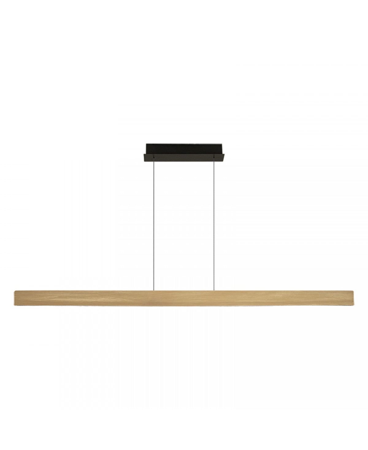 Longue barre lumineuse en bois clair, câbles fins, vue frontale sur fond blanc
