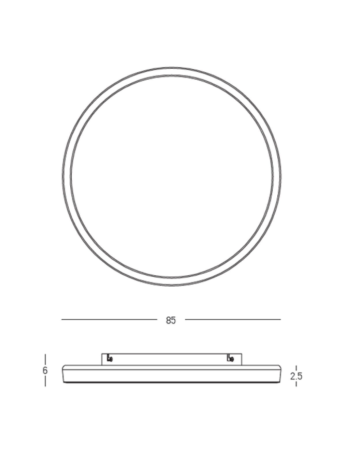 Schéma technique coté : diamètre 85 cm, hauteur 6 cm et saillie 2,5 cm