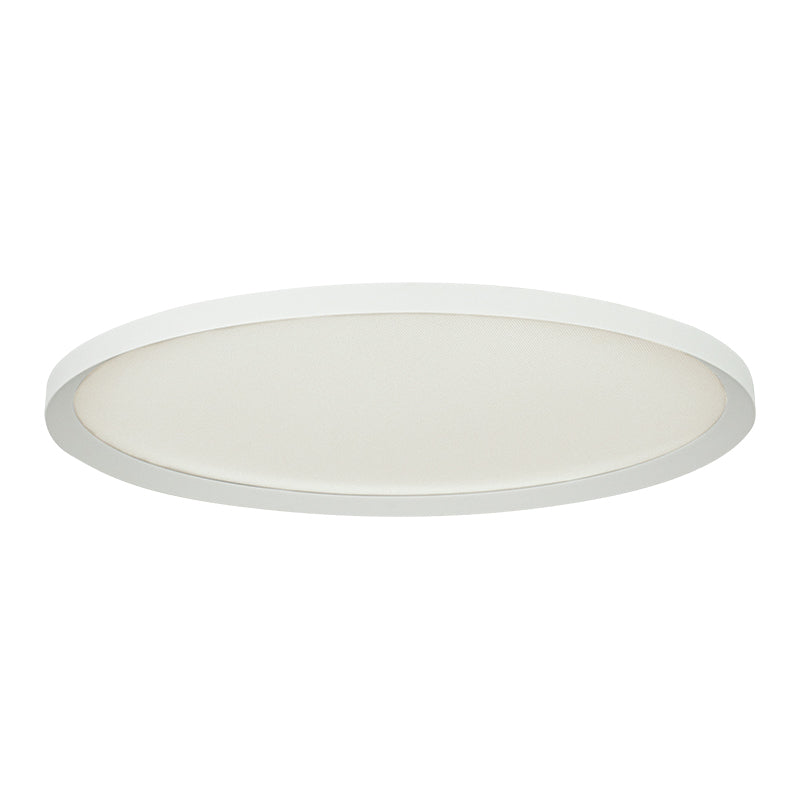Vue rapprochée du luminaire rond éteint, montrant la couronne extérieure fine en métal
