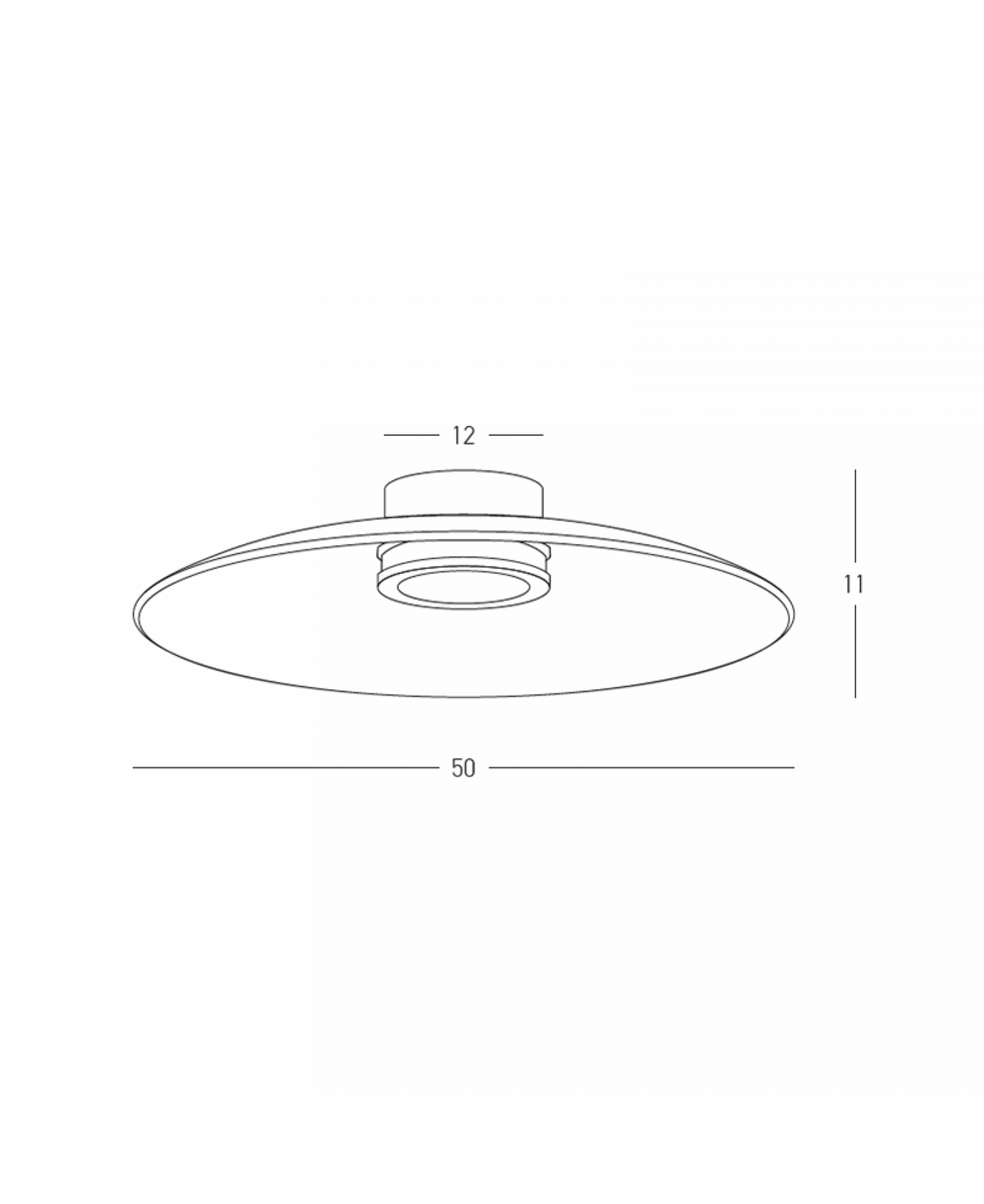 Schéma de dimensions du plafonnier : diamètre 50 cm, hauteur 11 cm, base 12 cm.