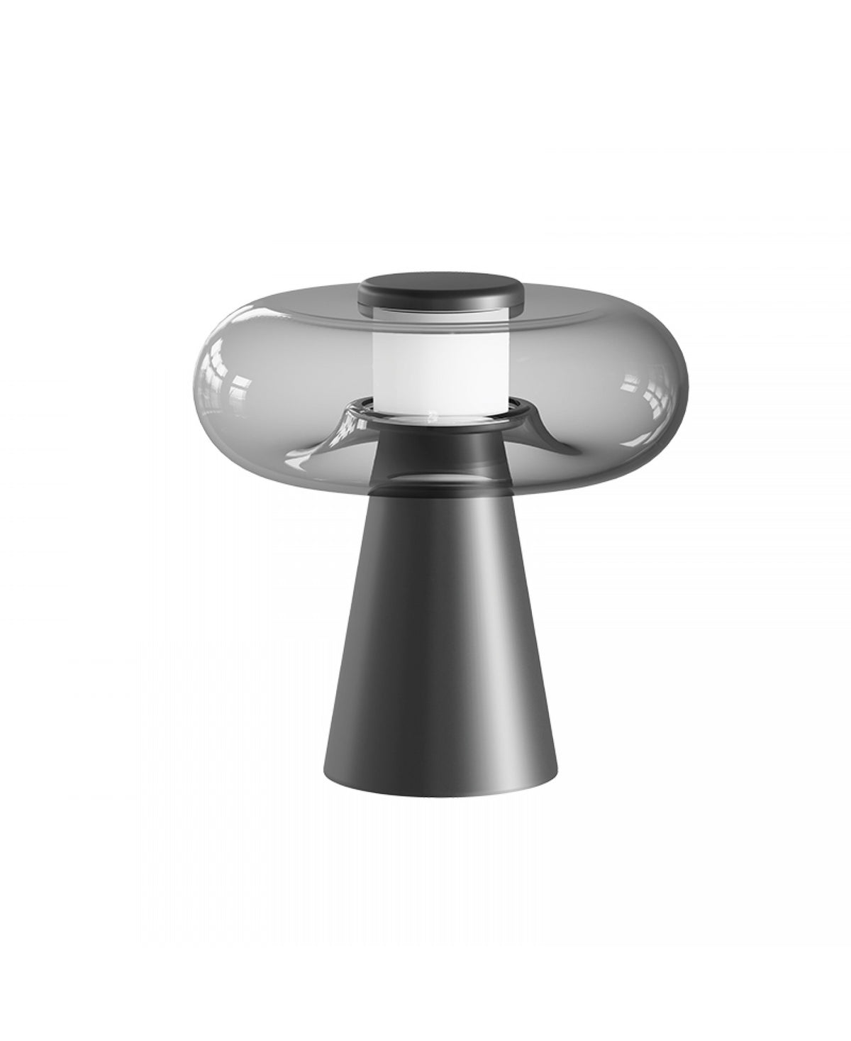 Luminaire présenté de trois quarts, soulignant la transparence du diffuseur en verre