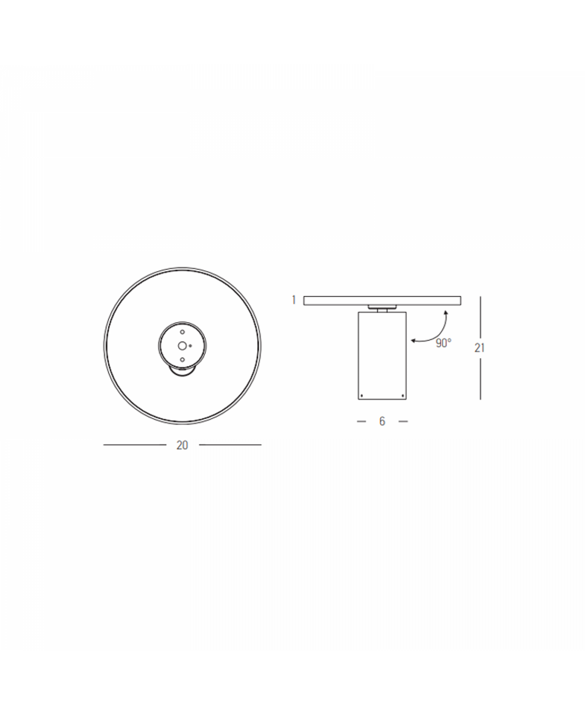 Schéma coté avec vue de dessous, profil, rotation 90 degrés et dimensions
