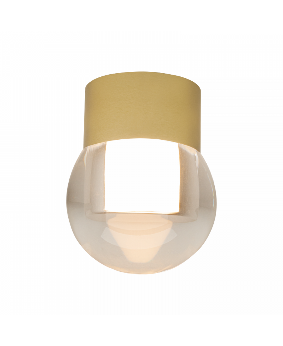 Vue de face du plafonnier doré mat avec diffuseur en verre sphérique transparent