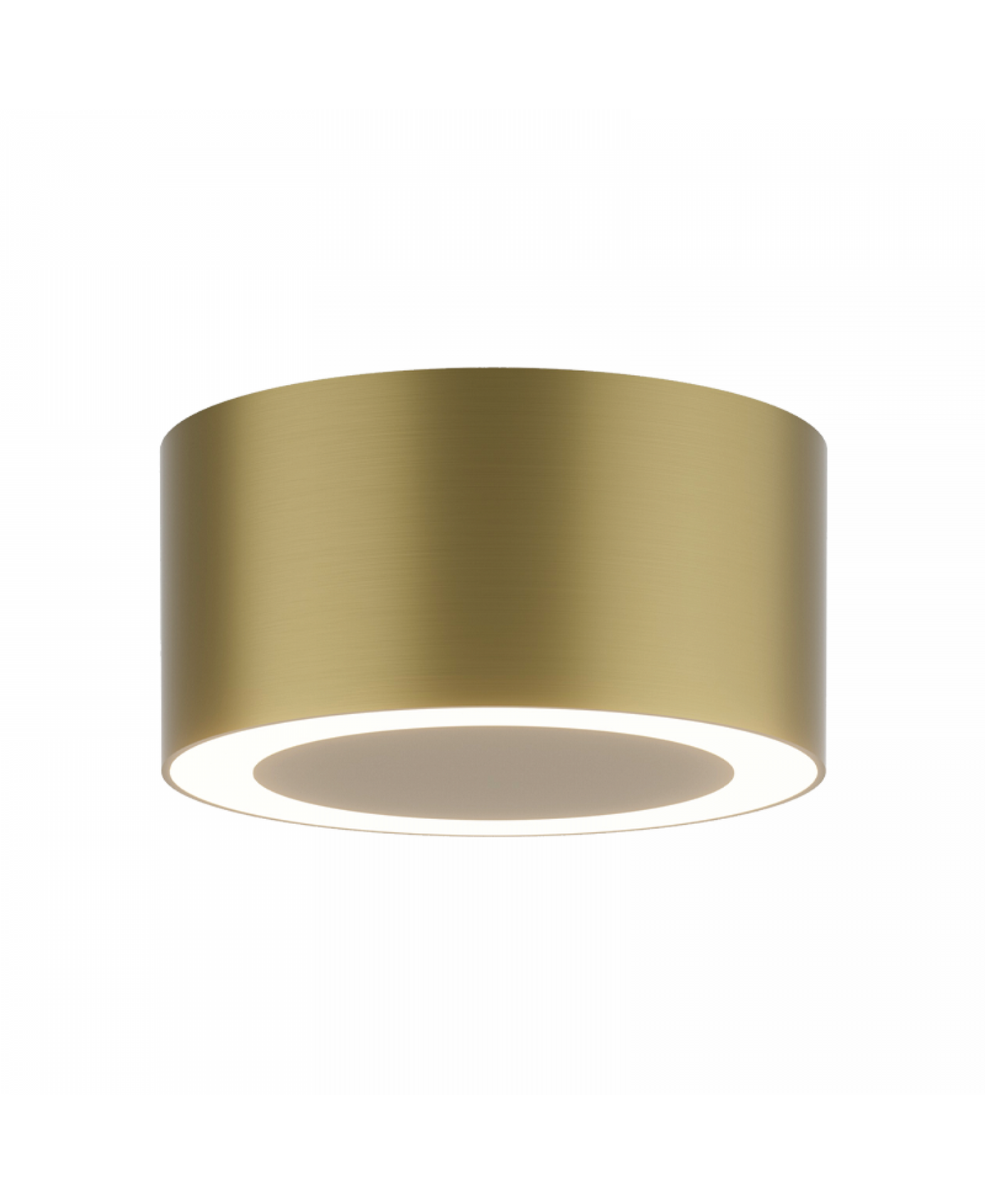 Vue rapprochée du luminaire rond doré brossé et de sa source LED périphérique