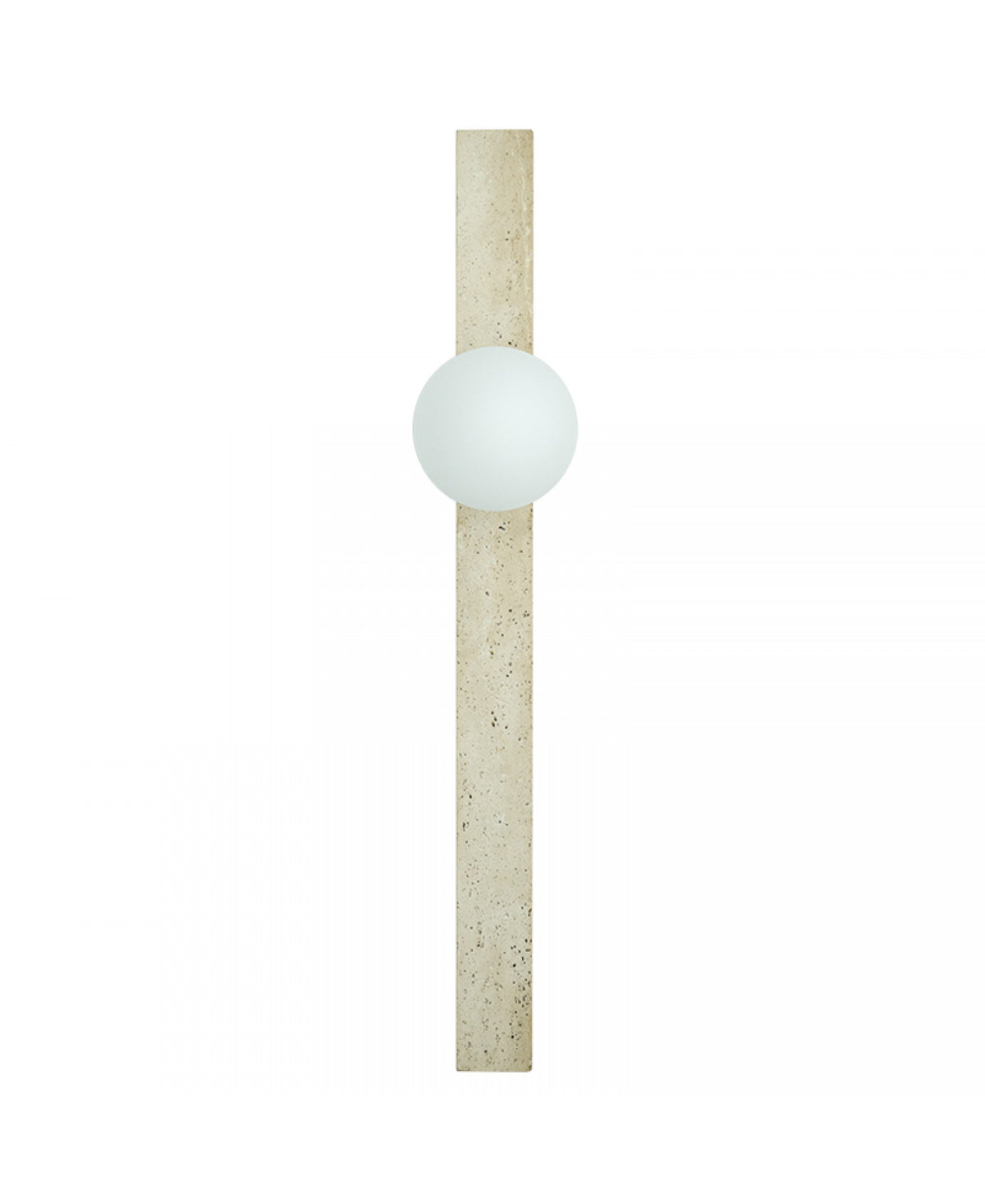 Produit de face éteint sur fond blanc, longue bande de pierre et globe