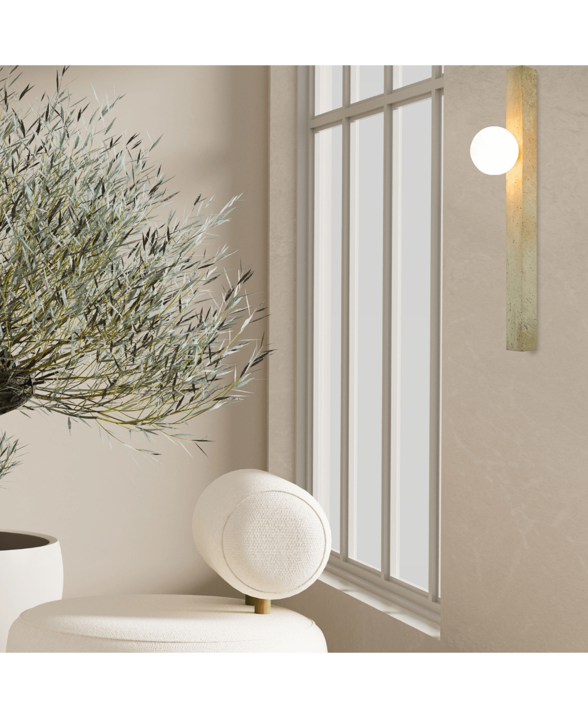 Ambiance salon : applique murale lumineuse, plante séchée et siège design devant la fenêtre