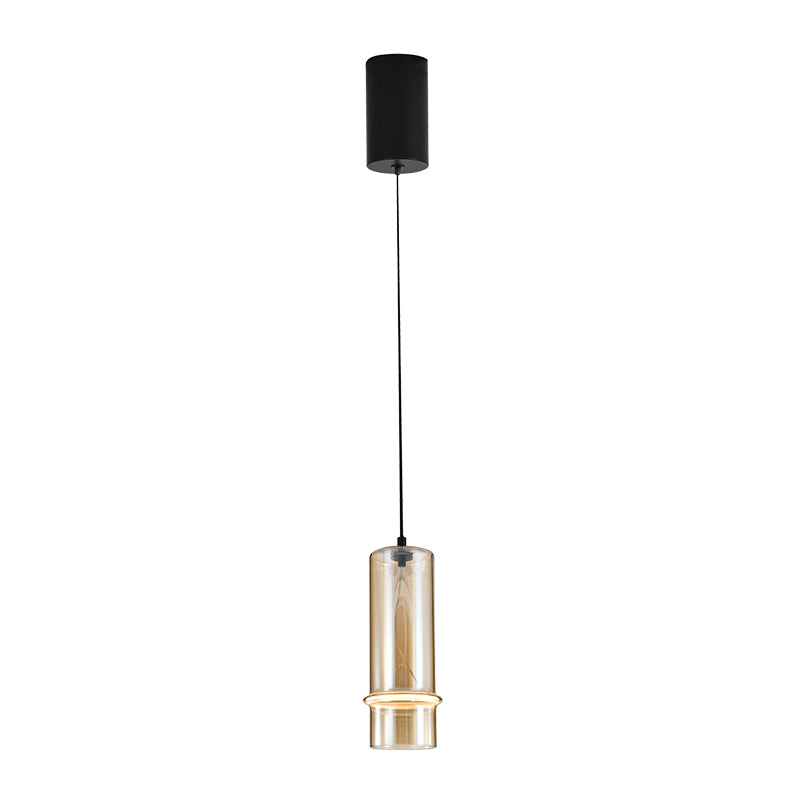 Luminaire suspendu de profil sur fond blanc, câble fin et rosace noire