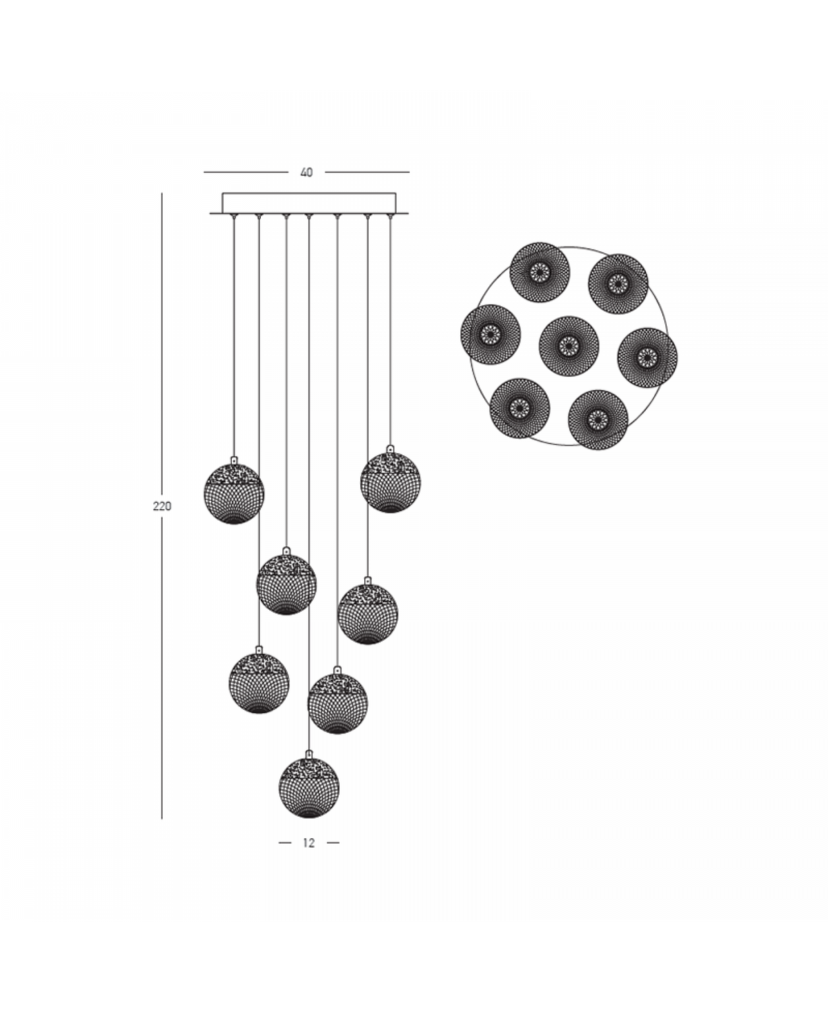 Schéma coté du luminaire avec hauteur totale et diamètre du plateau, vue de dessus