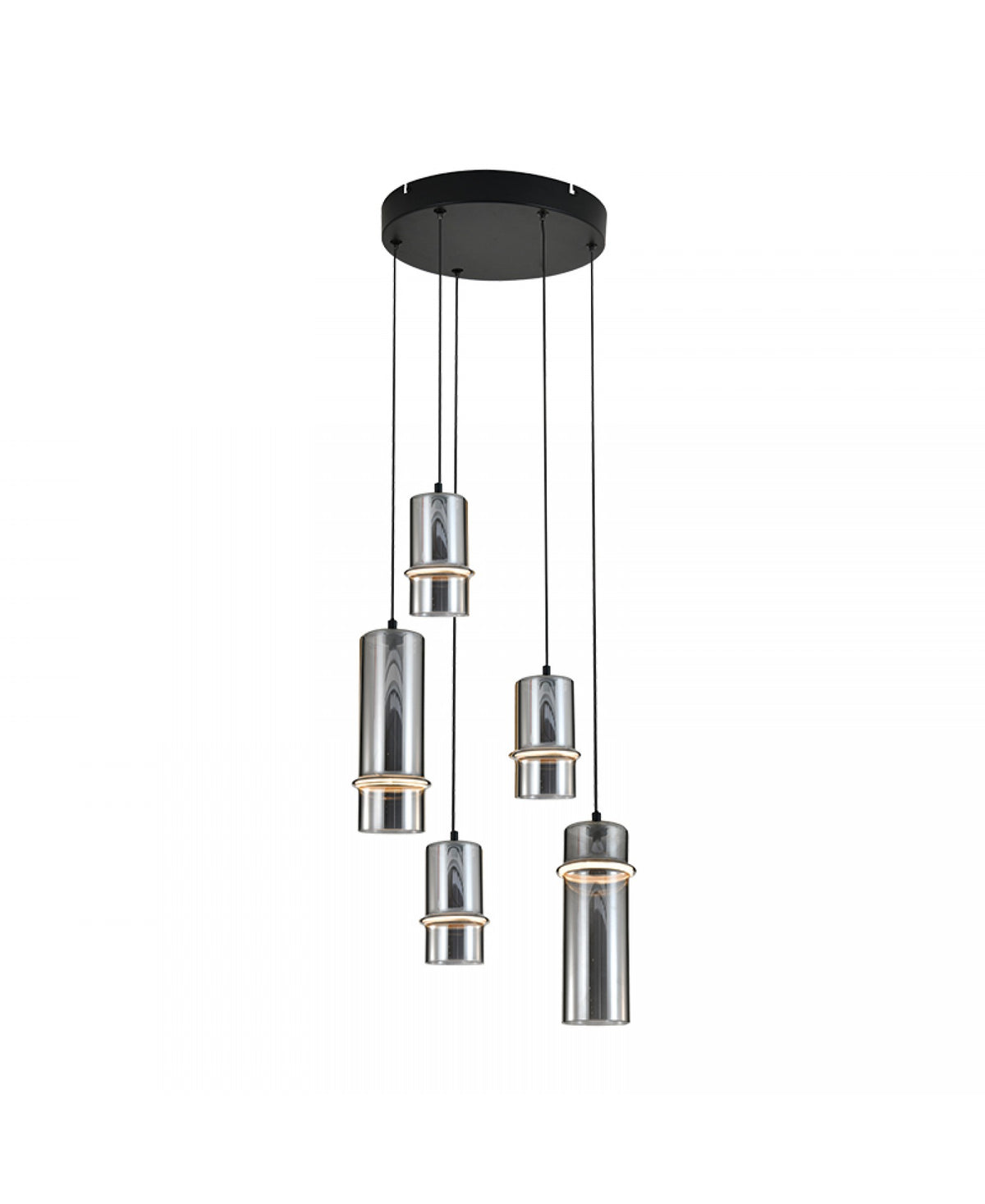 Vue d'ensemble du luminaire suspendu, câbles noirs et cylindres en verre fumé.