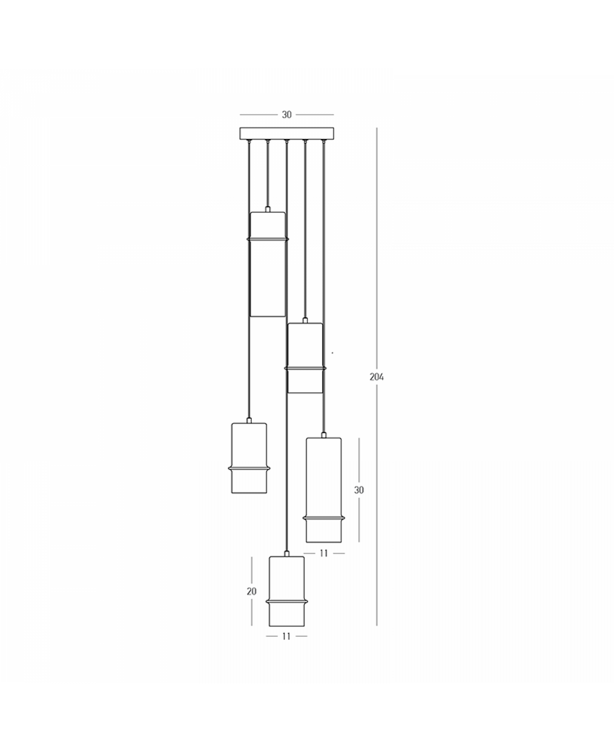 Schéma coté indiquant largeur 30 cm, hauteur totale 204 cm et dimensions des cylindres.