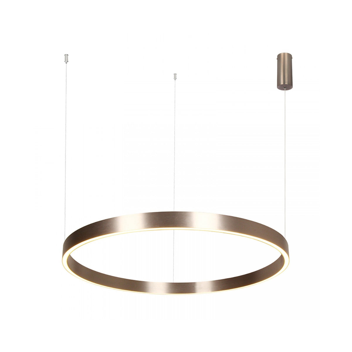 Vue rapprochée de la suspension par câbles fins et rosace cylindrique