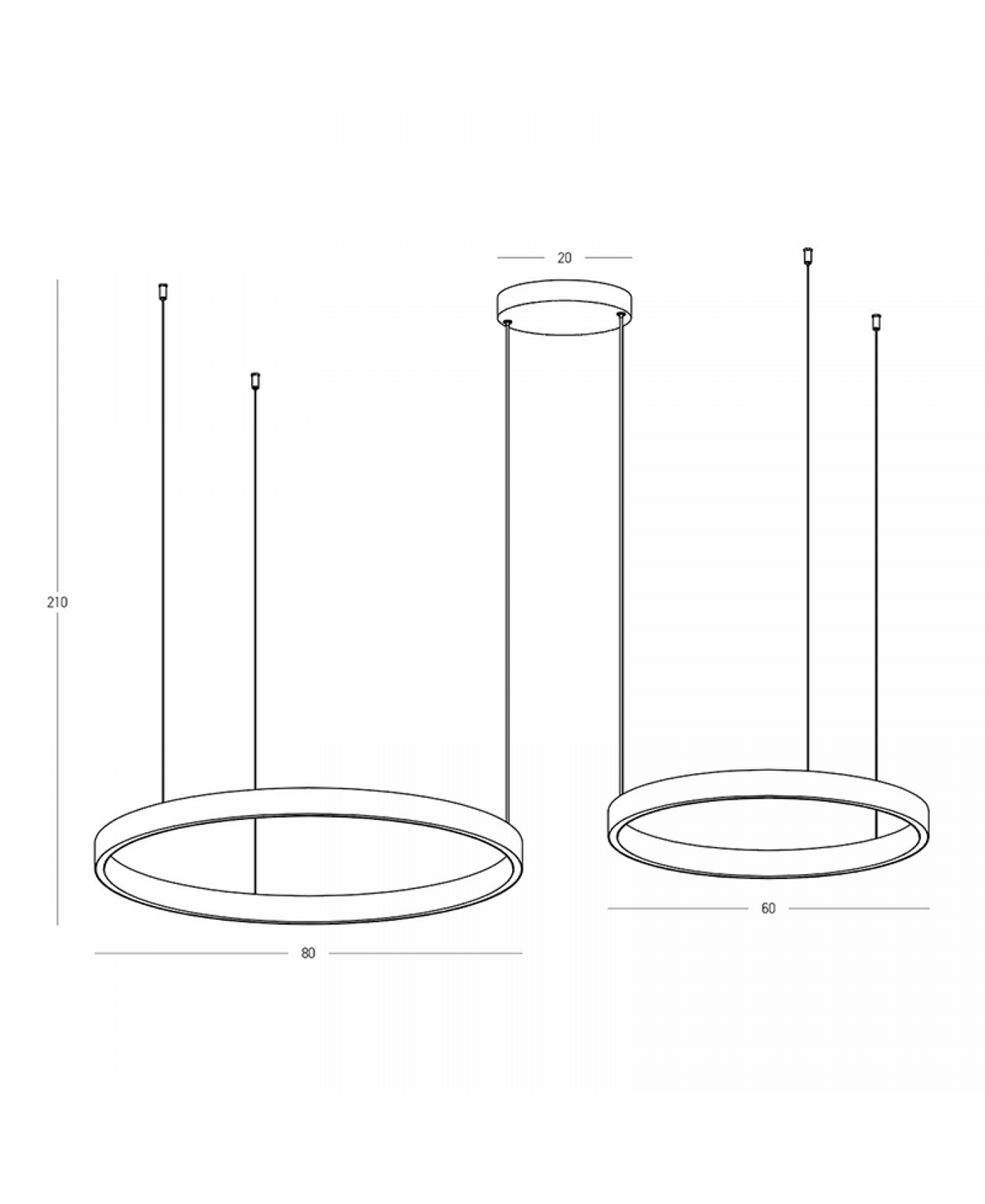 Schéma coté du luminaire, hauteur 210 cm et diamètres 80 et 60
