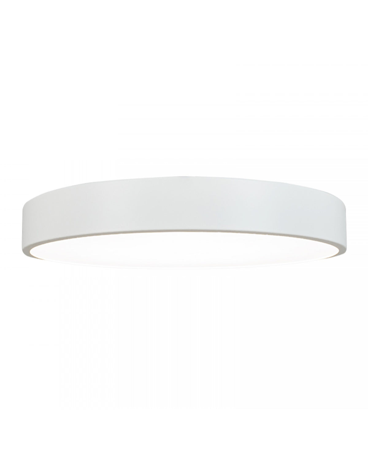 Vue de trois-quarts du luminaire rond montrant le bandeau latéral et l'ouverture lumineuse