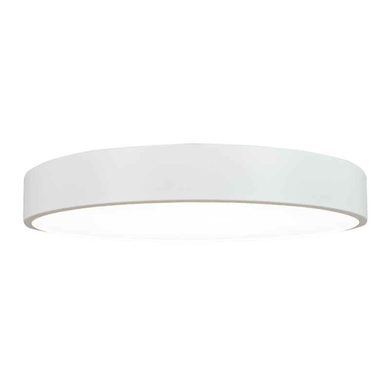 Vue de face rapprochée du plafonnier cylindrique blanc, diffuseur inférieur rétro-éclairé visible
