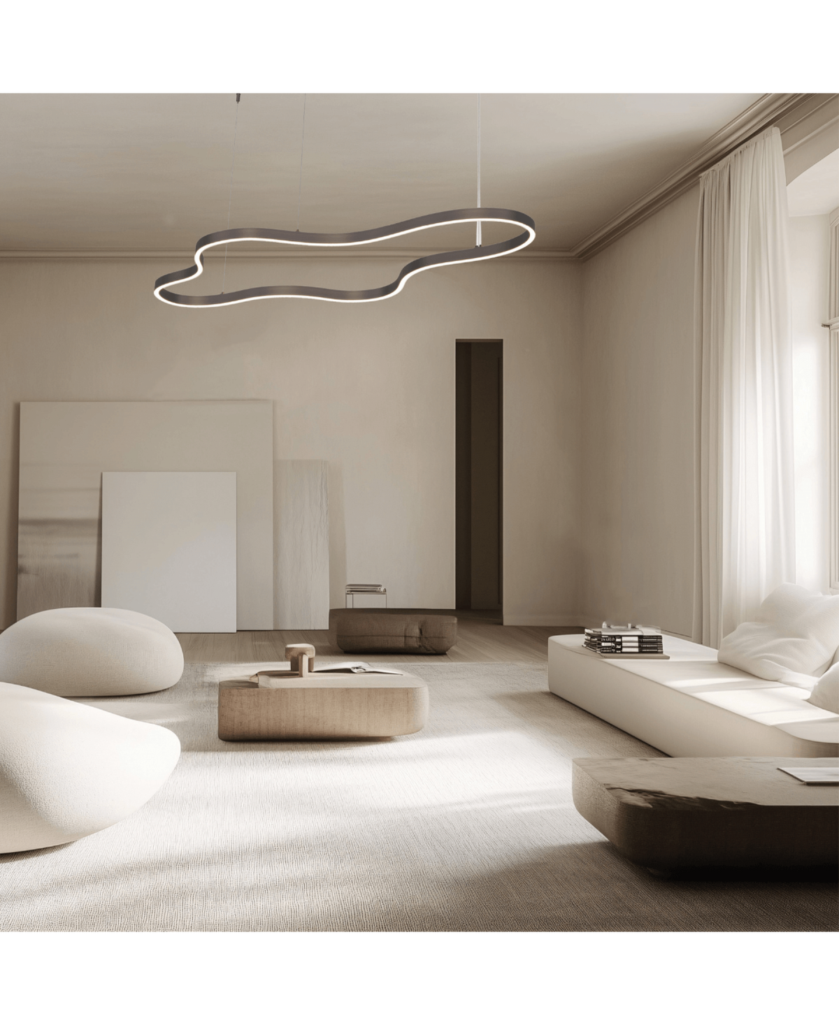 Ambiance intérieure large montrant la suspension fine au plafond d'une pièce minimaliste