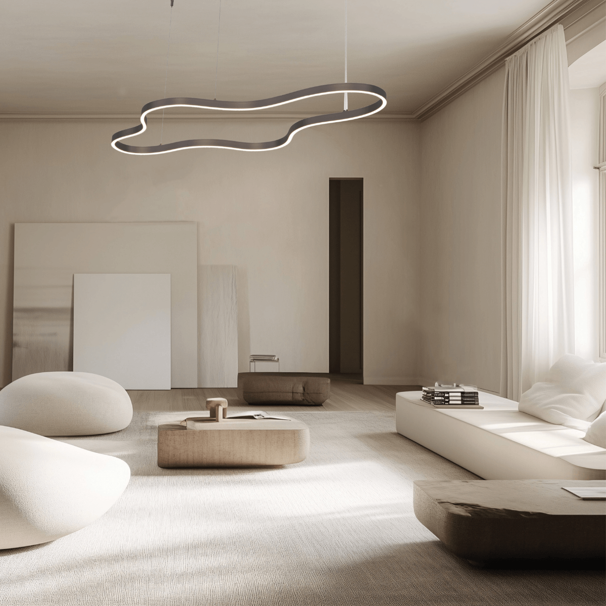 Vue en situation plongeante sur le salon, éclairage LED diffusant une lumière blanche continue