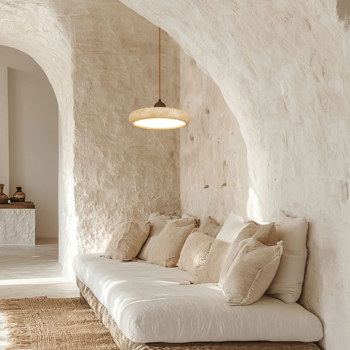Suspension allumée au-dessus d'un canapé bas dans une pièce crème.
