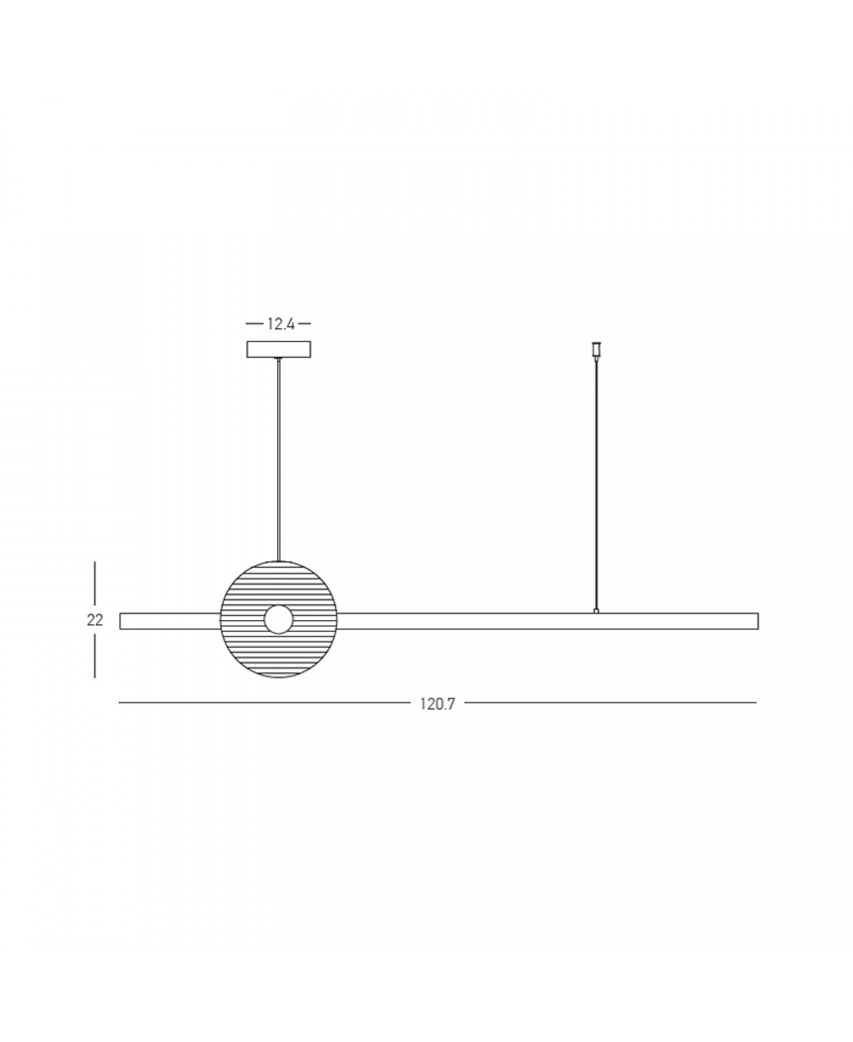 Schéma technique coté du luminaire, longueur 120,7 cm et hauteur 22 cm