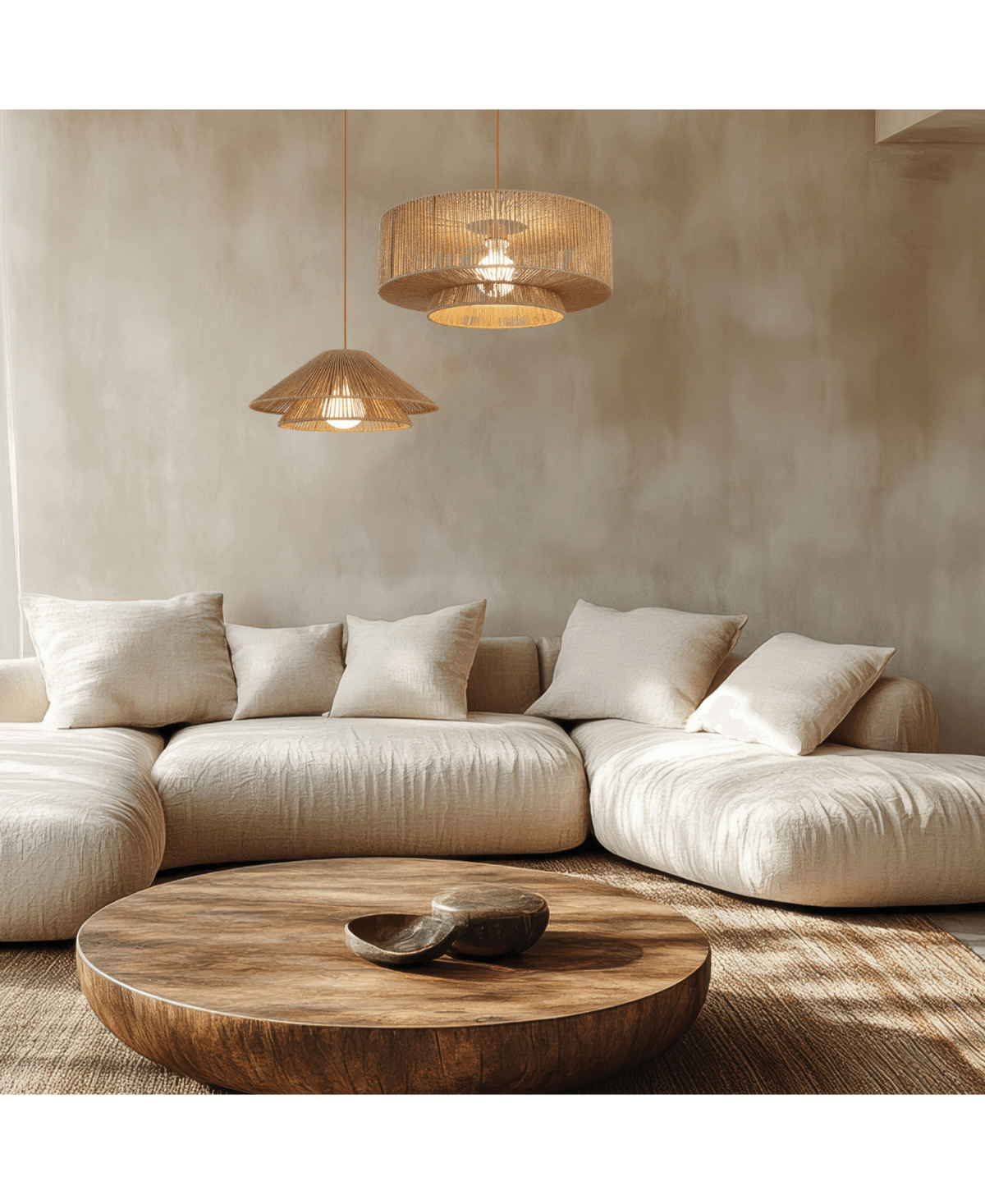 Suspension allumée au-dessus d'un coin salon, canapé modulable et table ronde en bois.
