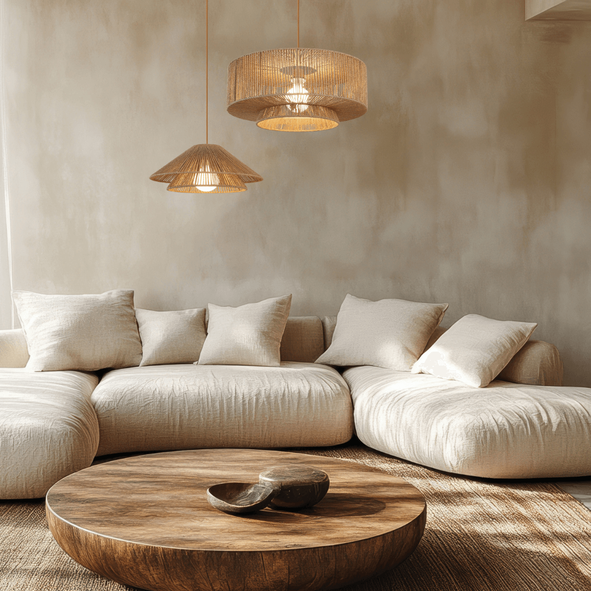 Vue rapprochée de la suspension allumée dans un intérieur beige, canapé et coussins.