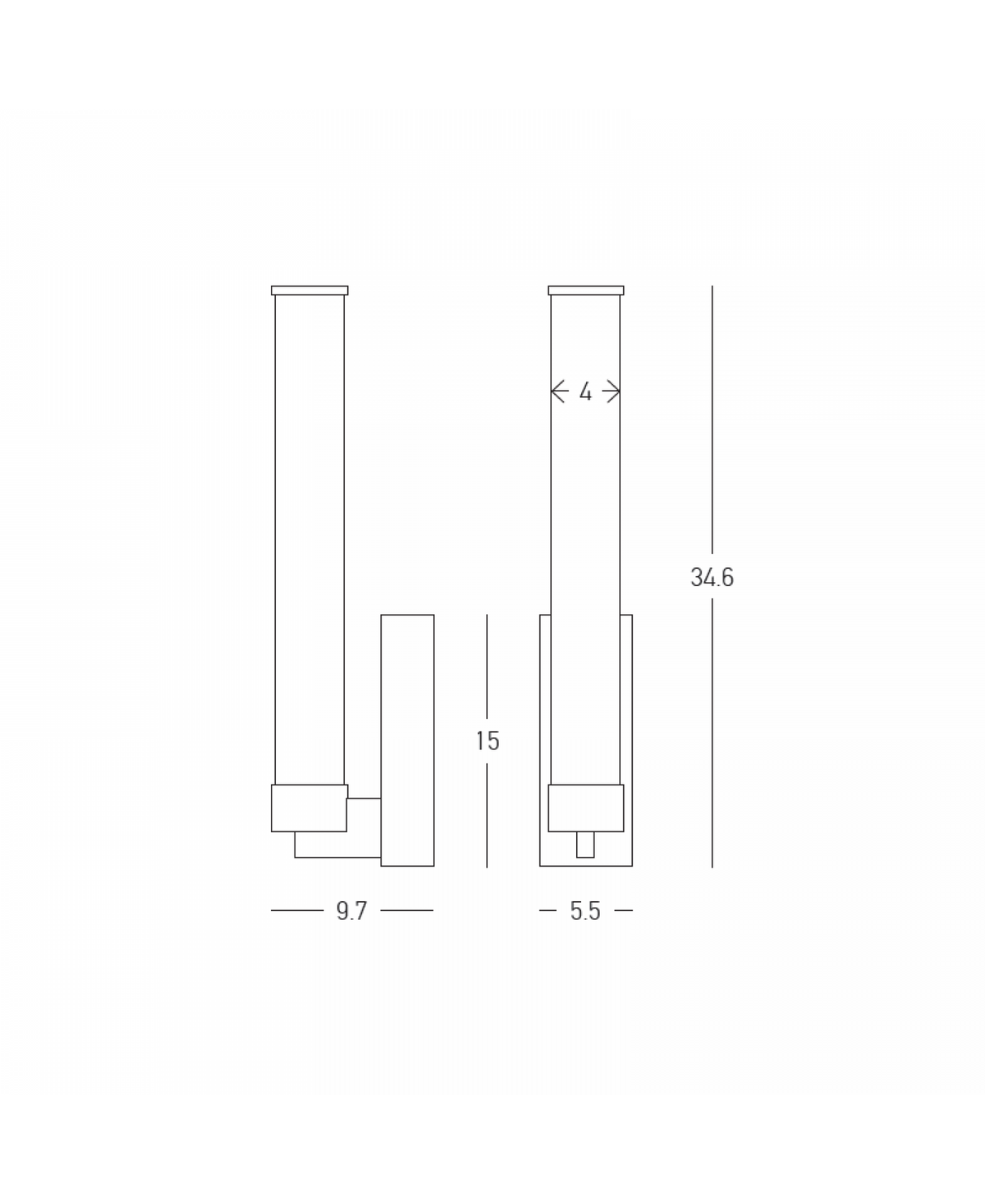 Schéma technique coté du luminaire, hauteur 34,6 cm et largeur 9,7 cm