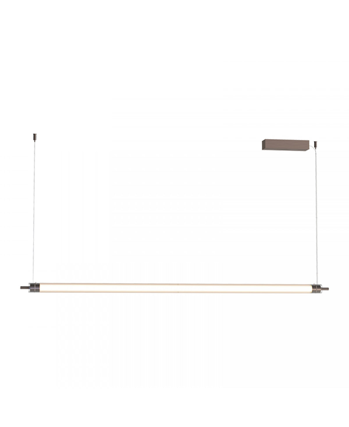 Vue de profil du luminaire seul, câbles verticaux et boîtier de fixation apparent.