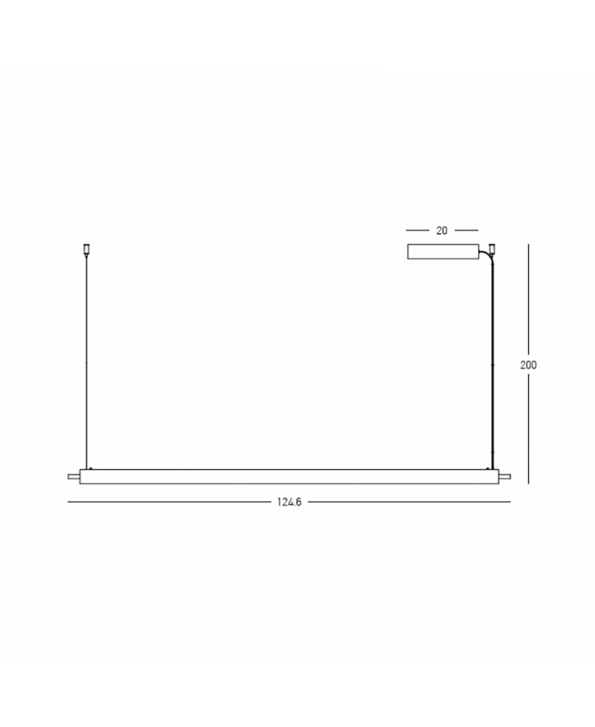 Schéma coté indiquant 124,6 cm de large, 20 cm de platine et 200 cm de hauteur.