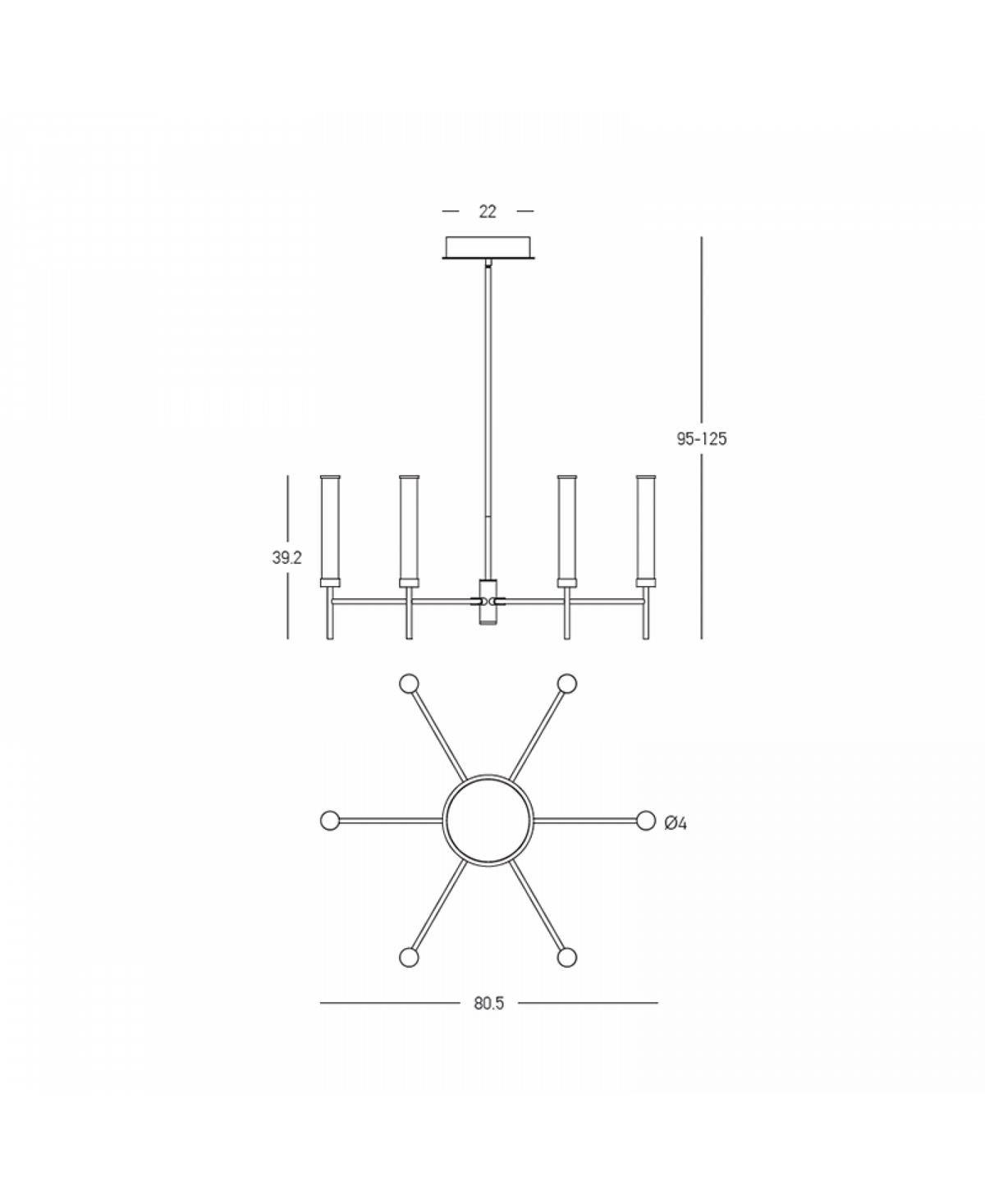 Schéma technique coté indiquant diamètre 80,5 cm et hauteur réglable 95 à 125 cm