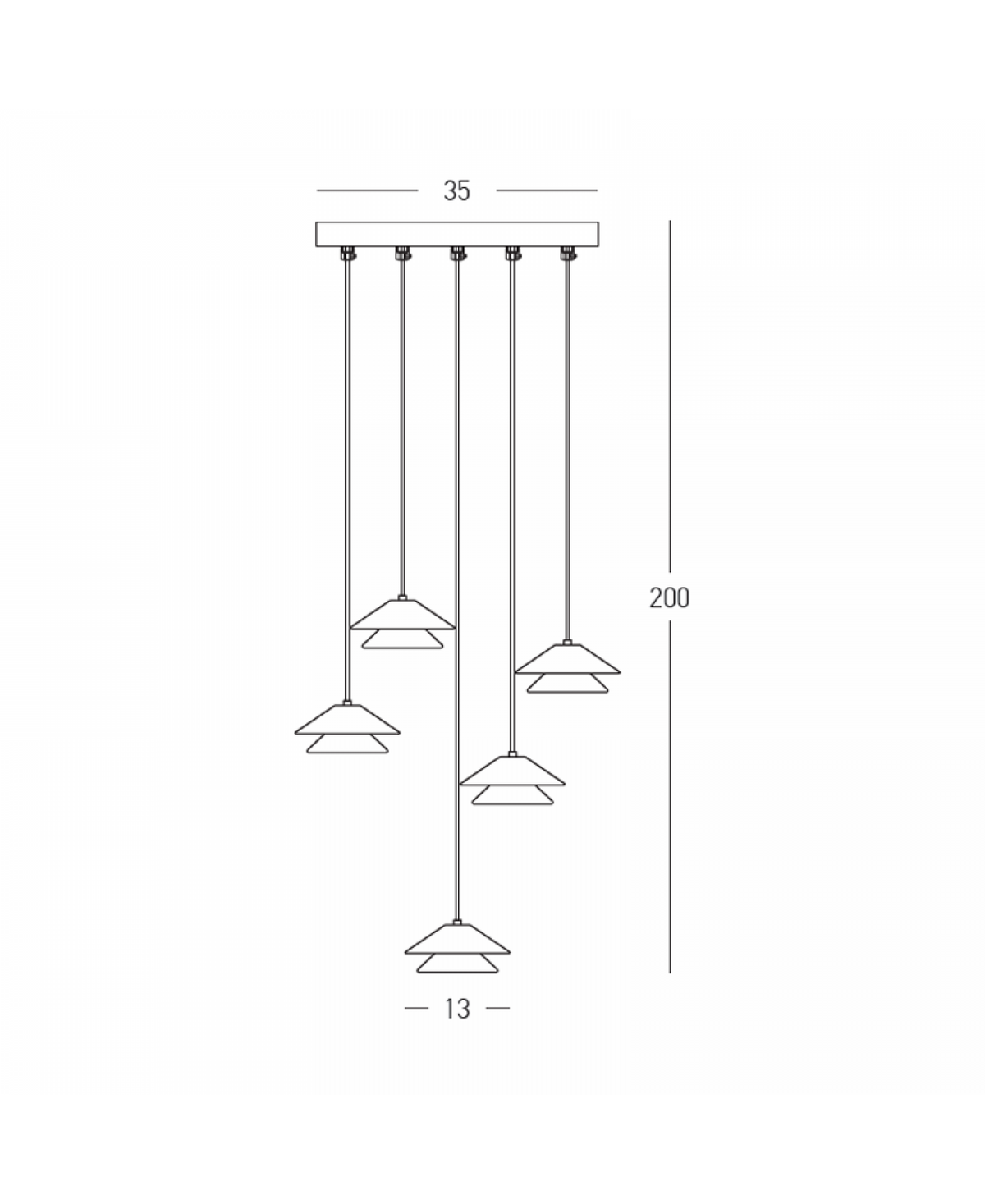 Schéma coté du luminaire : rosace 35 cm, abat-jour 13 cm, hauteur totale 200 cm