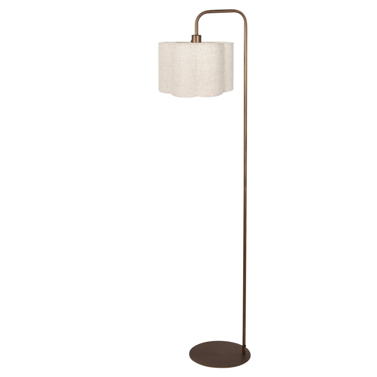 Vue en angle du lampadaire sur pied, abat-jour textile clair et tige recourbée.