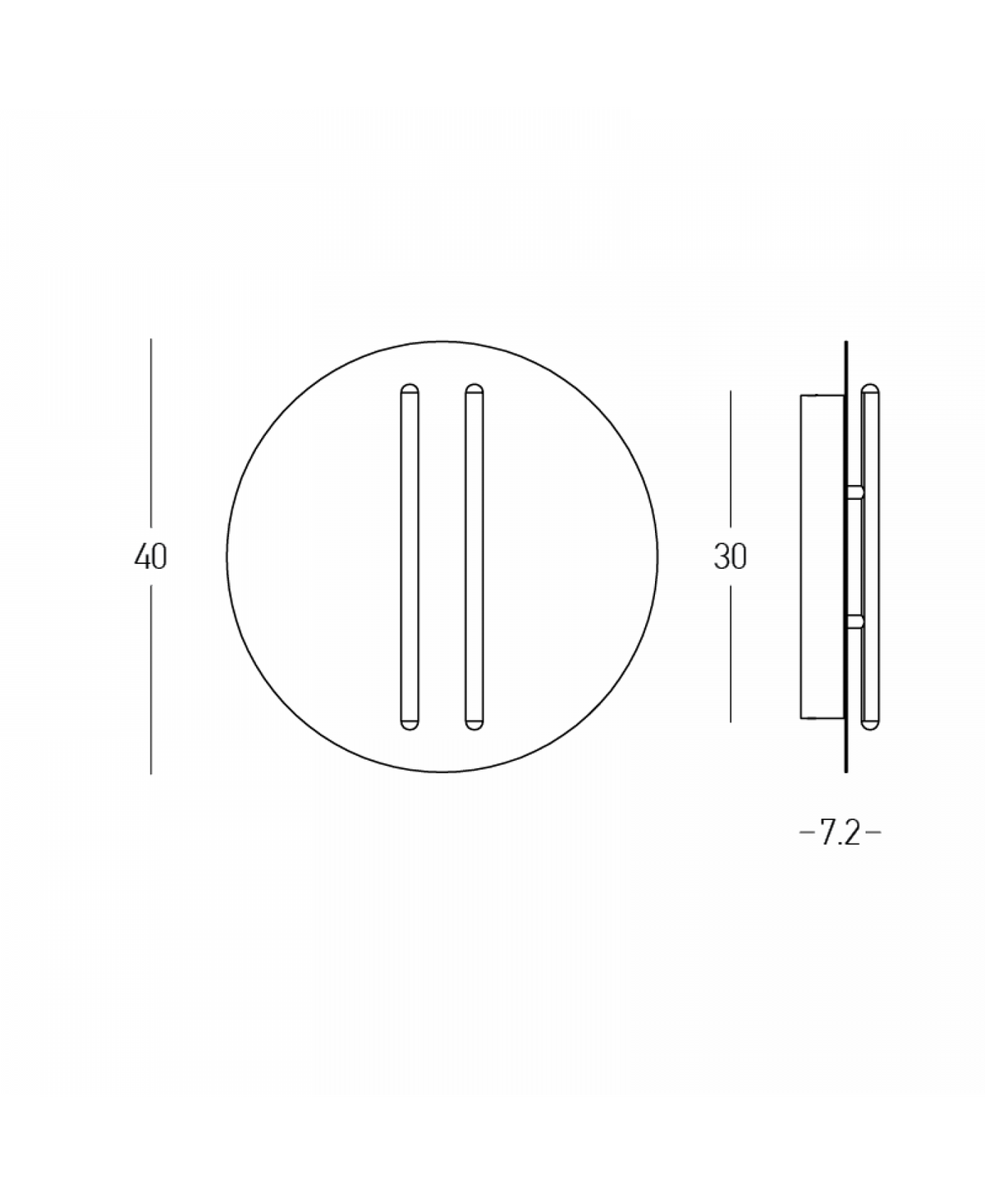 Schéma de dimensions coté : diamètre 40 cm, profondeur 7,2 cm, vue de profil