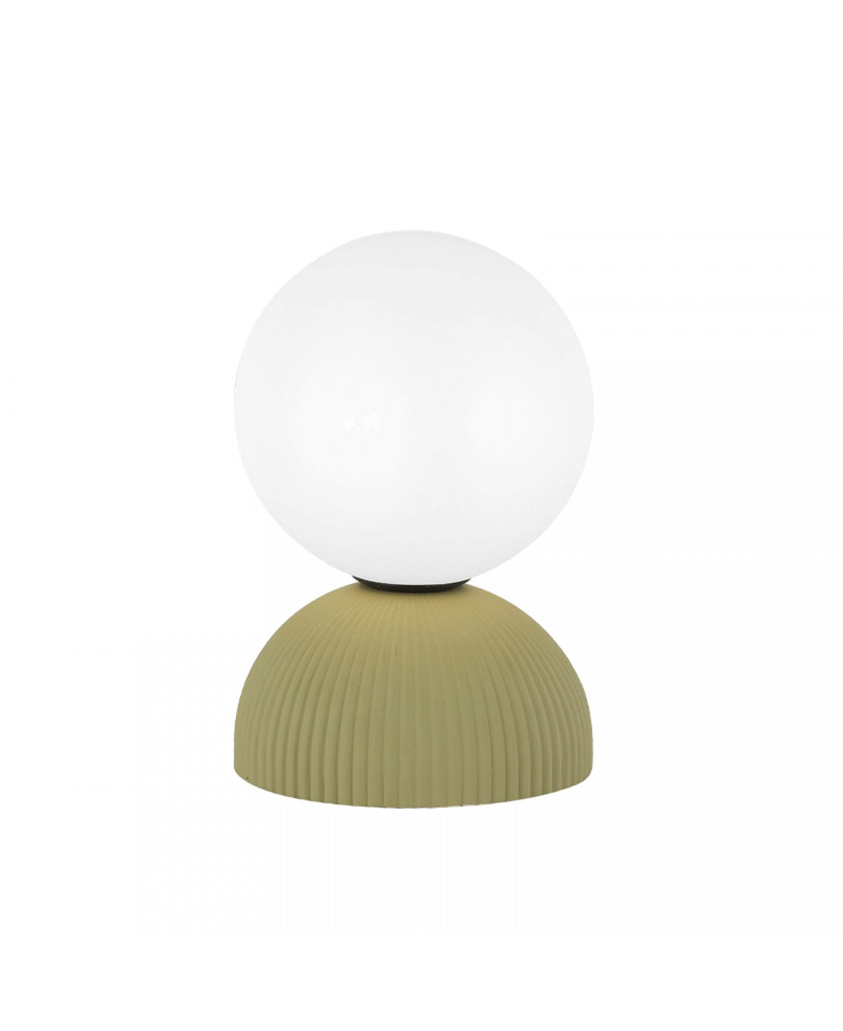 Détail du socle vert olive à stries verticales et du globe en verre dépoli