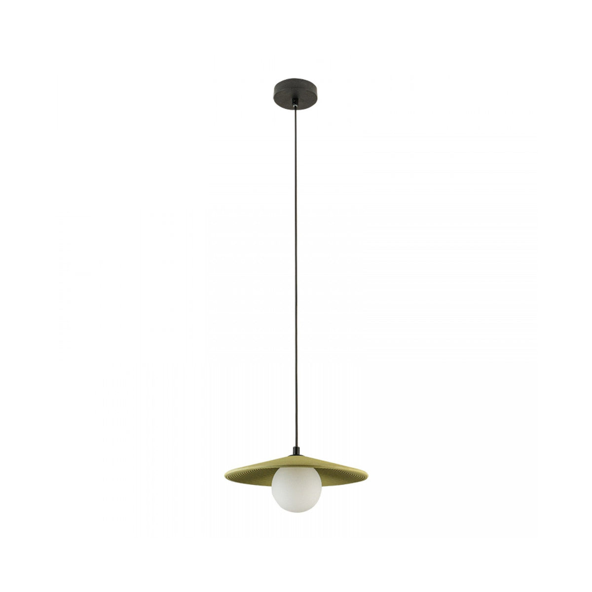 Détail de l'abat-jour conique vert olive et de la sphère blanche