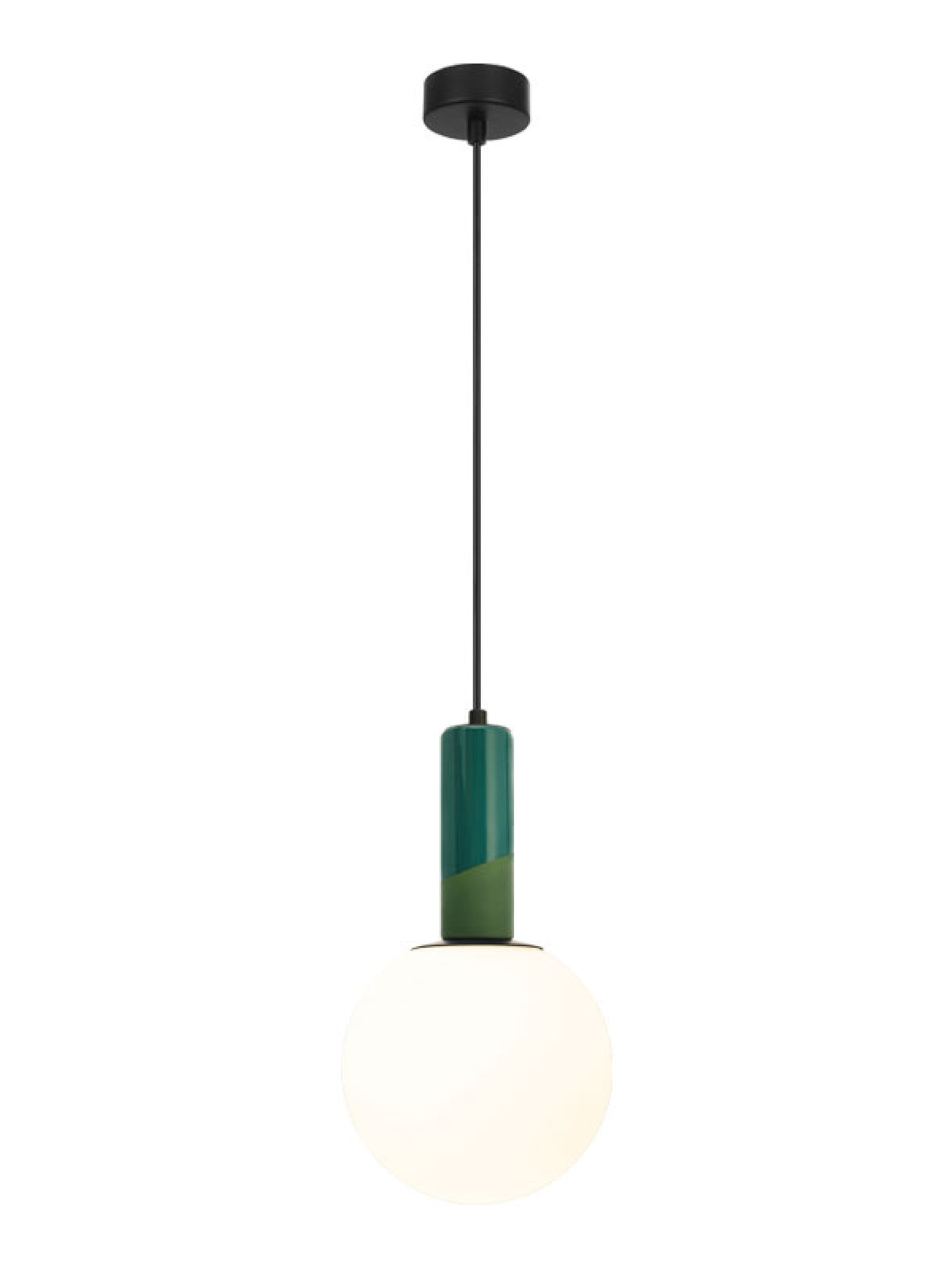 Vue de face d'une suspension à globe blanc et frette cylindrique verte.
