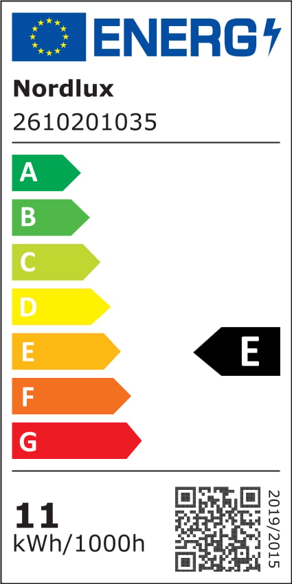 Étiquette énergétique européenne indiquant la classe E et une consommation de 11 kWh.