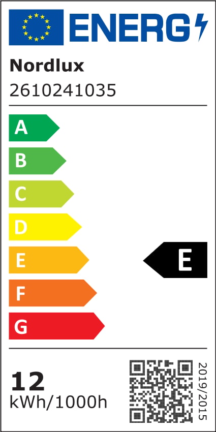 Étiquette énergétique européenne indiquant la classe E et une consommation de 12 kWh/1000h.