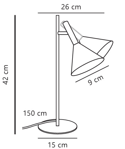 Schéma coté de la lampe : hauteur, base et longueur du câble