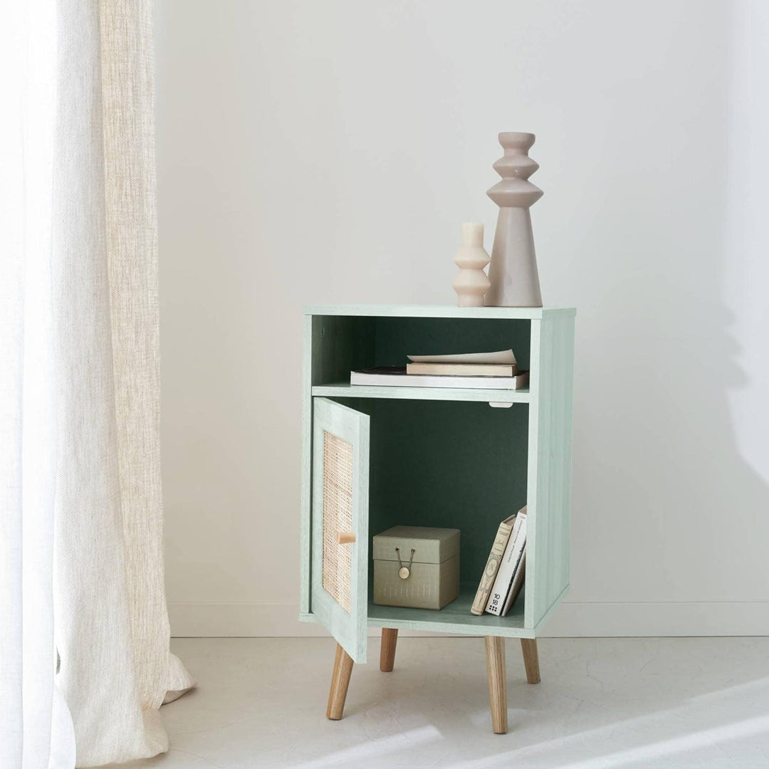 Alice'S Home - Table De Chevet En Cannage - Bohème - 40X39X65.8Cm Coloris Vert Céladon - 2 Niveaux - 1 Porte - 1 Espace De Rangement - Pieds Scandinaves | Designix - Amazon    - https://designix.fr/