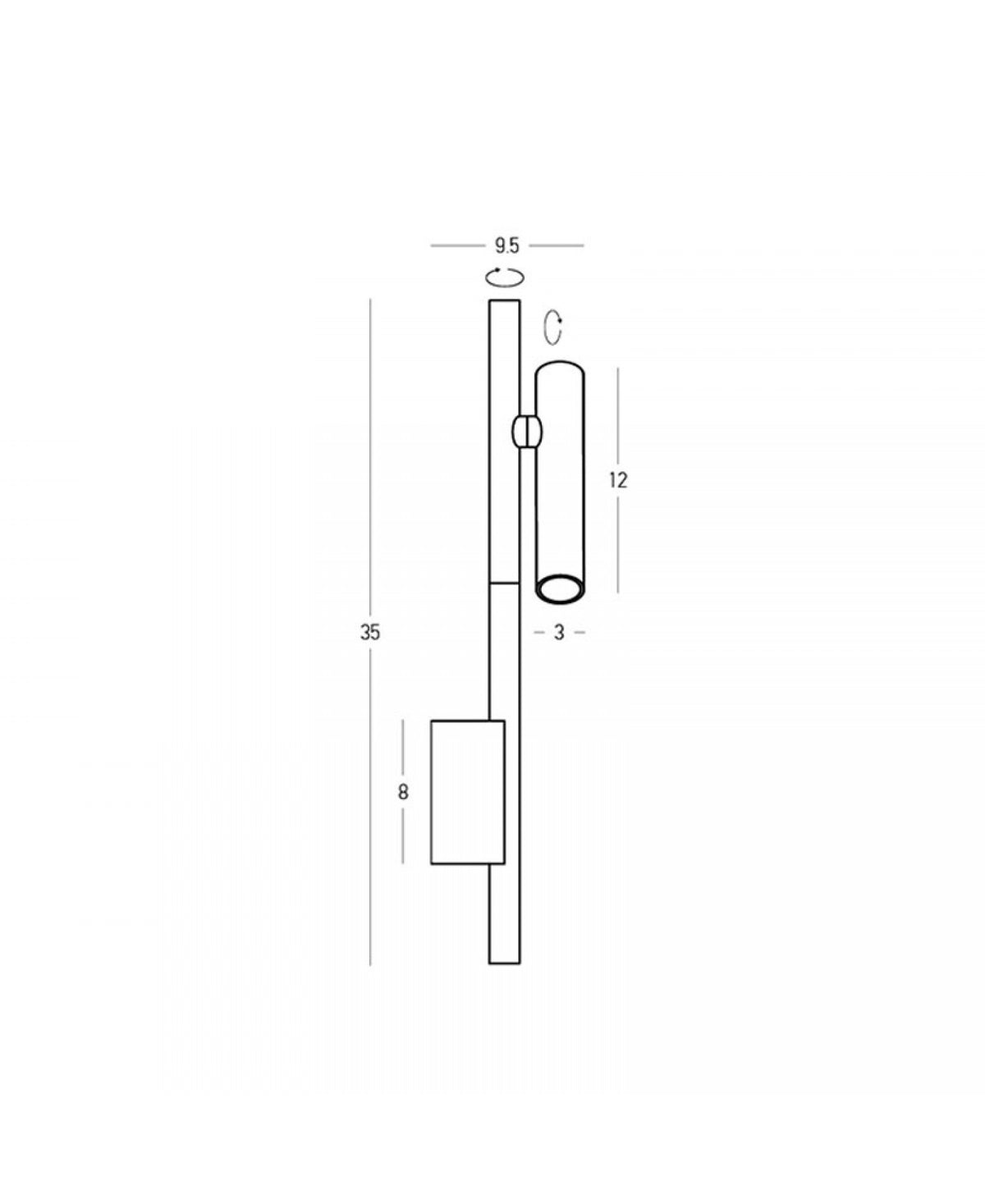 Schéma technique coté montrant hauteur, diamètre et rotation du projecteur
