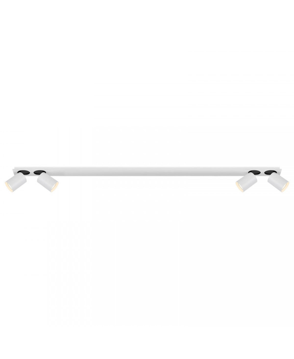 Luminaire allumé, les quatre spots diffusent une lumière chaude sous la barre blanche