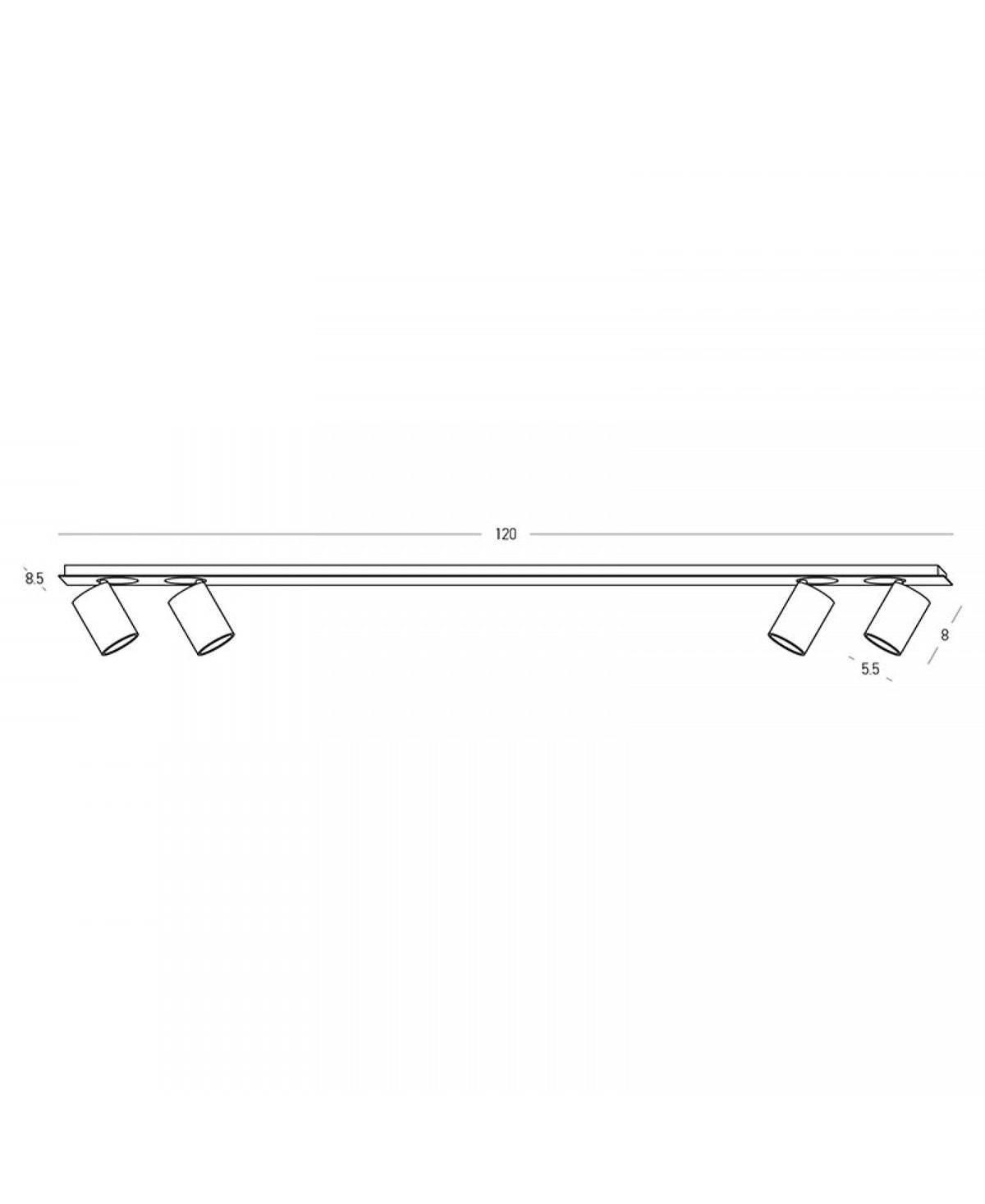 Schéma technique coté du luminaire, longueur 120 cm et dimensions des projecteurs