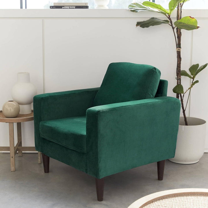 Alice'S Home - Fauteuil Scandinave En Velours Vert Anglais - Bjorn - Canapé 1 Place Fixe Droit Pieds Bois D'Hévéa Effet Bois De Noyer | Designix -     - https://designix.fr/