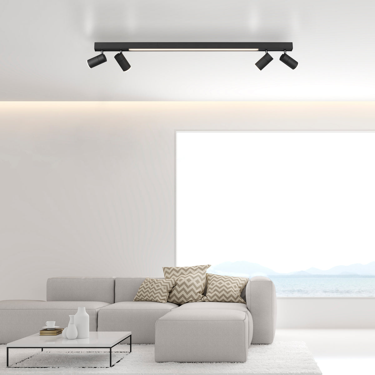 Mise en ambiance du plafonnier linéaire installé au plafond dans un salon contemporain.