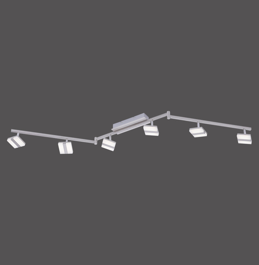 Vue de face du plafonnier en acier avec six spots orientables sur rail.